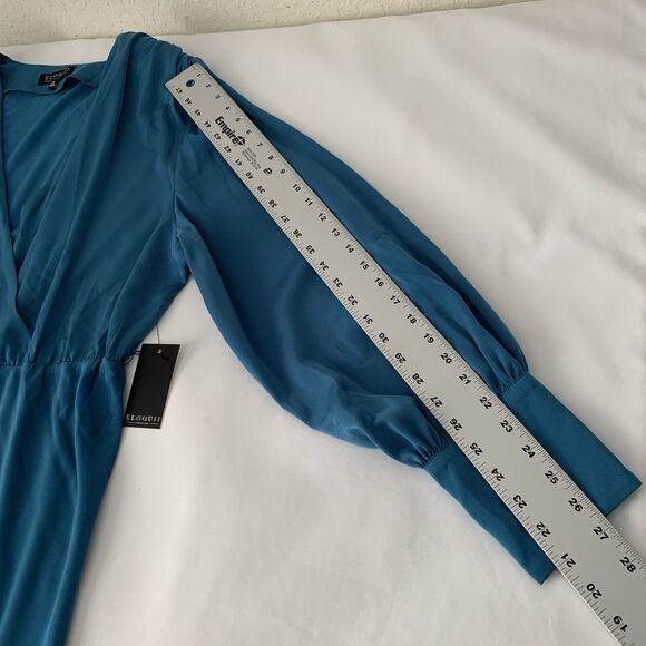 NWT Eloquii Satin Maxi Dress Women 22 Teal Shoulder Pads Belt Slit Glam Feminine - Picture 11 of 15